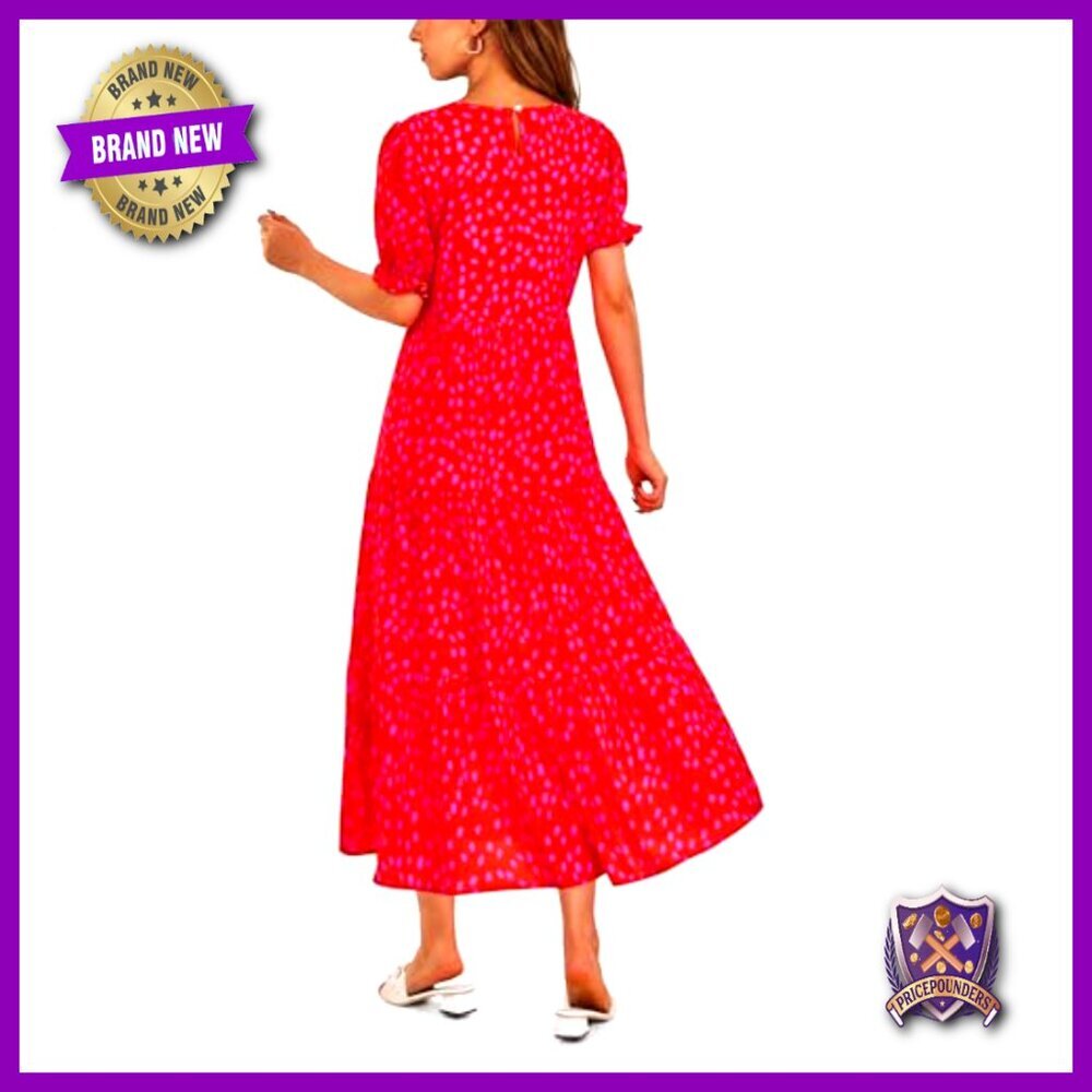 Floral Boho Midi Dress Casual Puff Sleeve Flowy Summer Beach Vacation Sundress - Picture 2 of 7